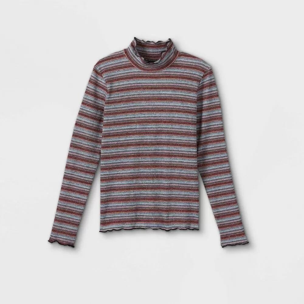 Art Class Lettuce Edge Mock Neck Top M Striped Red Metallic Pullover Long Sleeve